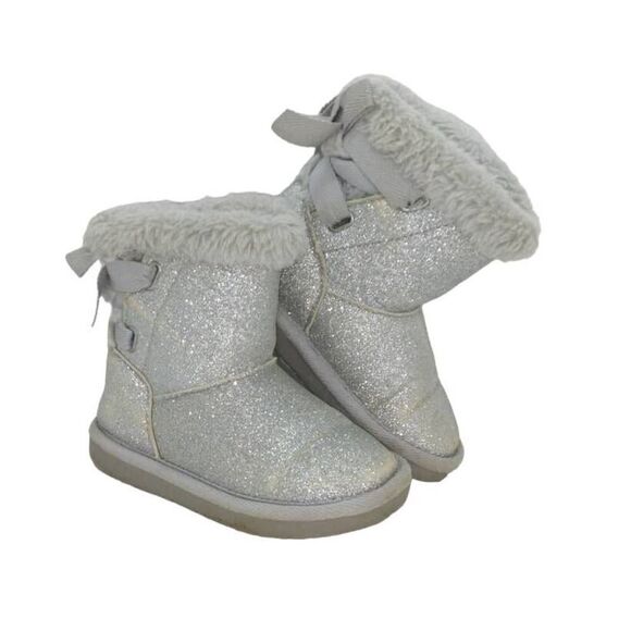 Jumping Beans Girls Pre-owned Glitter Silver Faux Fur Lining Winter Boots- sz. 8 - Picture 1 of 5